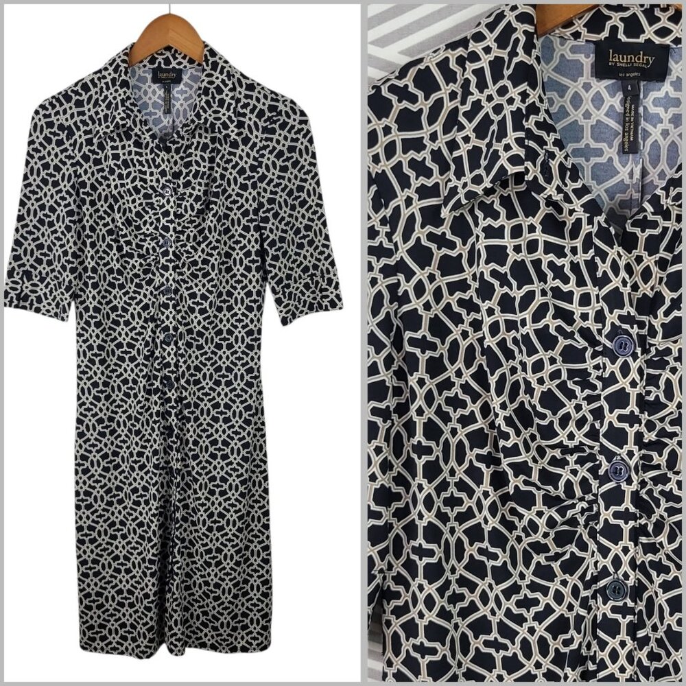 Laundry Shirt Dress size 4 Stretch Slinky Travel Knit Geometric Button Front